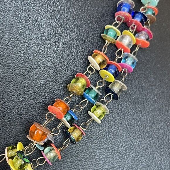 Zad Necklace Multi Color Plastic Bead Sequin Brass Multi Strand Beaded Choker - Picture 4 of 5